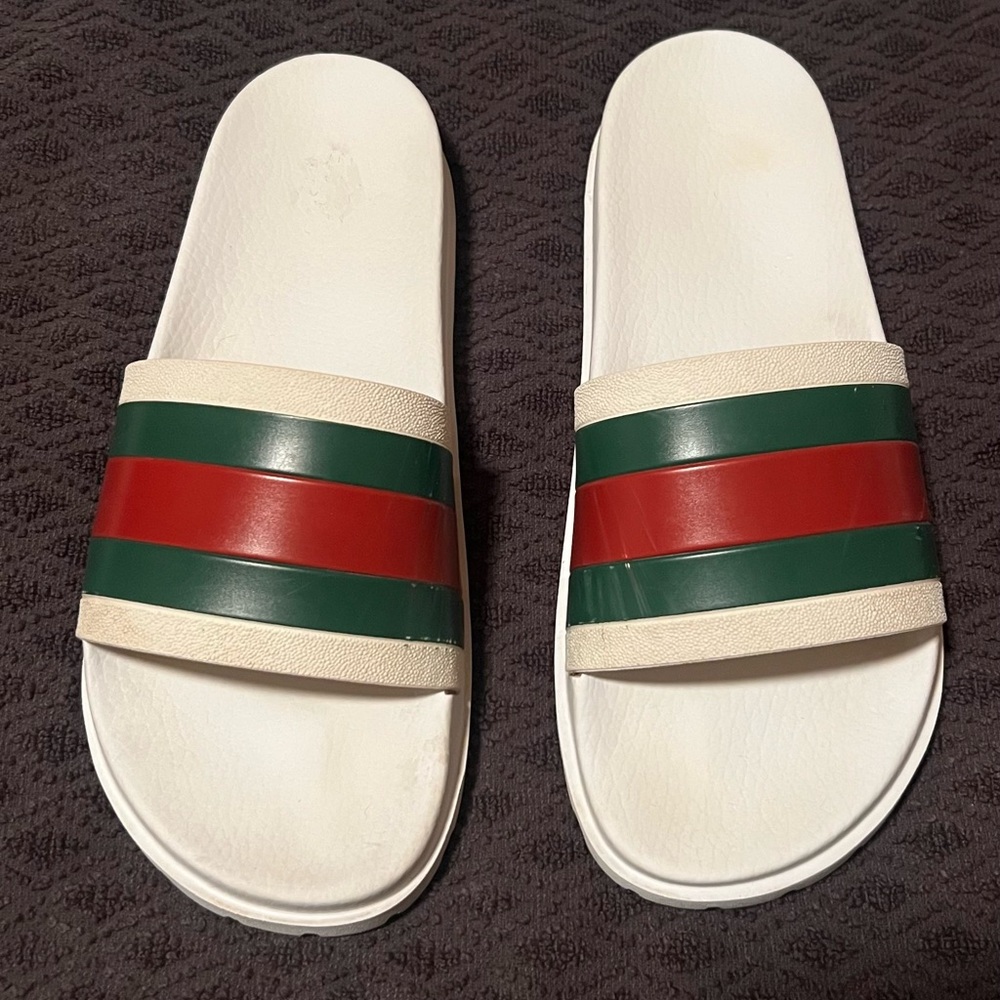 Gucci White Sandals with Green and Red Stripes, Size 10